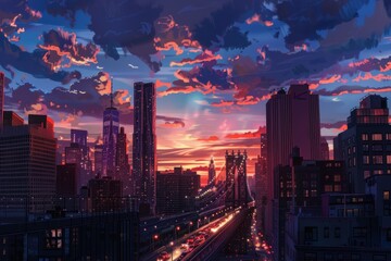 Sticker - Vivid artistic illustration of New York, USA at sunset