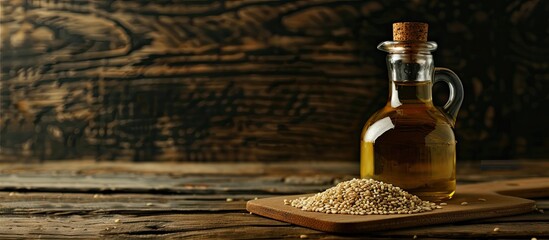 Wall Mural - Sesame oil in a glass bottle alongside sesame seeds on a wooden surface Copy space Rustic