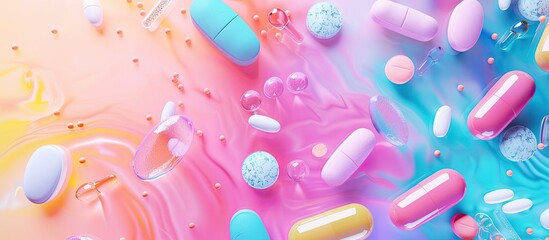 Vibrant vitamin pills capsules and medicine ampoules set against an abstract backdrop Concept of healthcare medical and pharmaceutical flatlay Close up studio shot with copyspace Toned