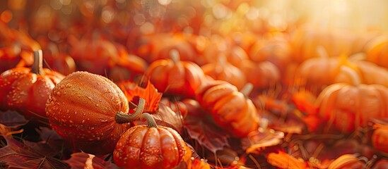 Wall Mural - Close up of pumpkins with an autumn leaves background Selective focus shallow depth of field. Copy space image. Place for adding text and design