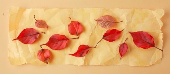 Canvas Print - several red fallen cherry leaves from autumn on a yellow paper background flat lay. Copy space image. Place for adding text and design