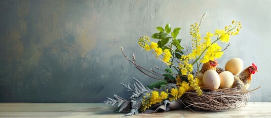 Wall Mural - Easter still life features stylized chickens in a nest alongside a bouquet of mimosa The arrangement includes Easter eggs and mimosa embodying the concept of spring flowers. Copy space image