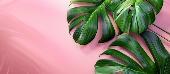 Sticker - Two monstera leaves on a pink background. Copy space image. Place for adding text and design