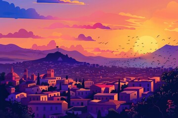 Wall Mural - Vivid artistic illustration of Athens, Greece at sunset