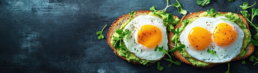 Two slices of toasted bread with avocado spread, topped with sunny-side-up eggs and garnished with microgreens, presented on a dark textured background ideal for food blogs, healthy eating articles