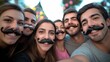 © Anastasiya - A group of smiling friends wearing different styled mustaches, posing together at an outdoor celebration, evoking fun and camaraderie perfect for Movember or themed events