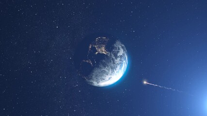 Wall Mural - meteor flying toward planet earth, outer space view 3d rendering of planet earth with potential aste