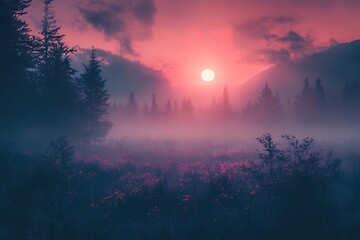 Wall Mural - Misty Forest Sunset with Red Sky and Tall Pine Trees