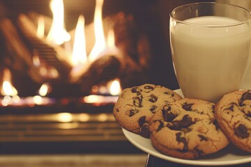 A Photography of A child leaving a plate of cookies and a glass of milk by the fireplace for Santa Claus, carrying on the timeless tradition of giving treats to St Ni