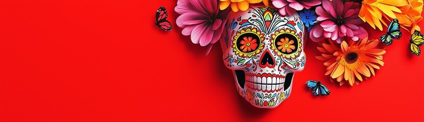 Vibrant Sugar Skull with Flowers on Red Background for Day of the Dead Celebration