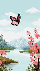 Sticker - Pixelated butterfly mountain landscape