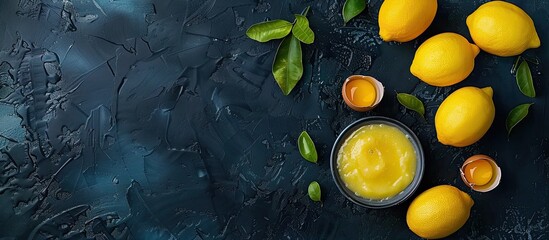 Canvas Print - Lemons and lemon curd made with eggs and lemons on a dark background top view with copy space vertical shot