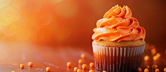 Canvas Print - orange birthday cake cupcake. Copy space image. Place for adding text and design