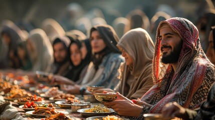 Muslim women eat at an outdoor table. Muslim New Year