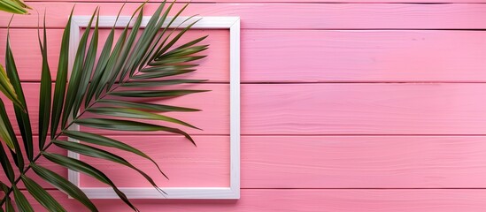 Poster - Top view of a tropical palm leaf within a white frame on a pink wooden background copyspace minimal summer concept flat lay