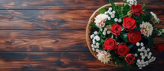 Canvas Print - Background for Valentine s Day or a wedding A basket bouquet of roses and chrysanthemums on a vintage wooden surface Flat lay Top view with copyspace