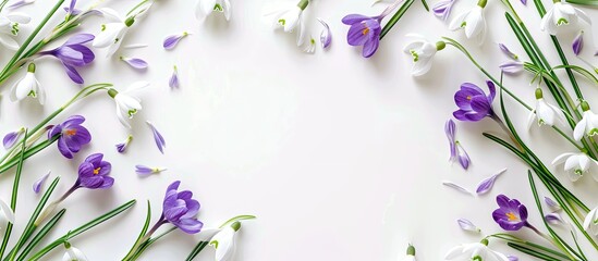 Canvas Print - Arrangement of lovely spring snowdrop flowers and violet crocuses on a white background with room for text Top view flat lay. Copy space image. Place for adding text and design