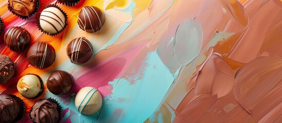 Canvas Print - Group photo of chocolate set against a colorful background. Copy space image. Place for adding text and design