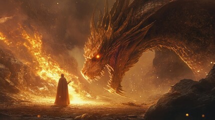 Canvas Print - A cloaked figure facing a fiery dragon in a cave