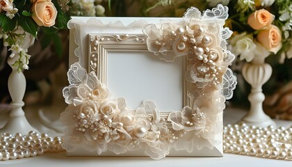 Wall Mural - Luxurious Wedding Invitation Design Featuring Floral Lace, Pearls, and Soft Arrangements