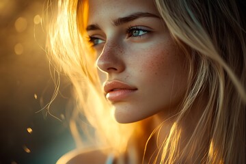 Wall Mural - Close up portrait of a beautiful blonde woman with blue eyes and golden sunlight illuminating her face