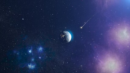 Wall Mural - meteor flying toward planet earth, outer space view 3d rendering of planet earth with potential aste