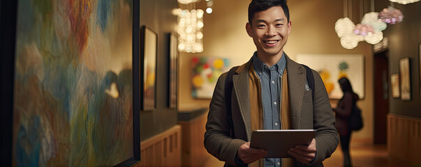 Young asian person with tablet computer in livingroom.