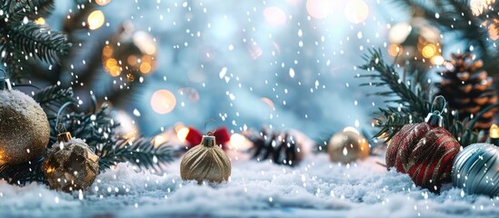 Poster - Christmas decor featuring snow. Copy space image. Place for adding text and design