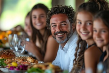  A joyful man with a warm smile sits at an outdoor table, surrounded by family members, including two young girls, during a festive meal. 