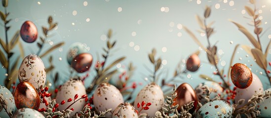 Poster - Border featuring decorated Easter copper eggs and quail eggs with copy space Holiday backdrop