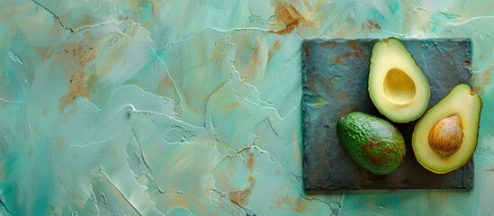 Canvas Print - Halved avocado one half with the pit is placed on a gray slate and set on a light turquoise surface laying flat with copy space