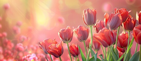 Wall Mural - Arrangement of lovely tulip flowers on a colorful background. Copy space image. Place for adding text and design