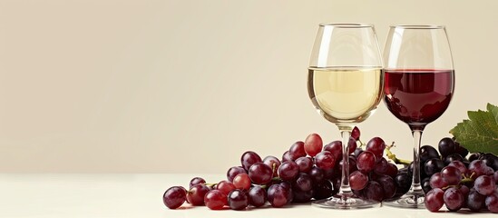 Glasses of red and white wine at a tasting accompanied by grapes and a space for text. Copy space image. Place for adding text and design