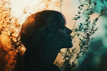 Canvas Print - Silhouette of a woman in a field of grass at sunset with colorful background