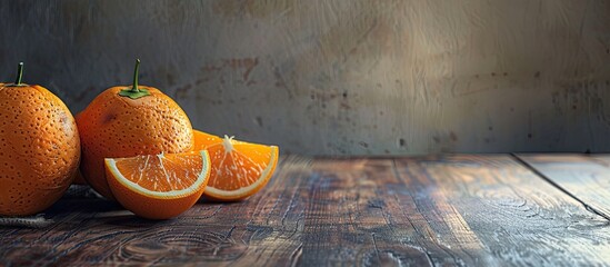 Sticker - Fresh oranges arranged on a wooden table. Copy space image. Place for adding text and design