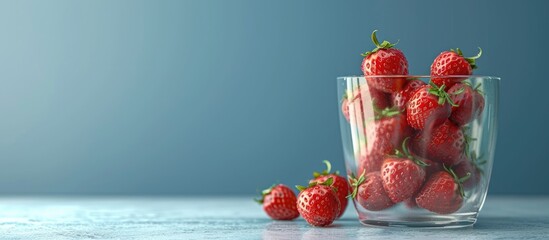 Poster - red strawberries in transparent glass container. Copy space image. Place for adding text and design