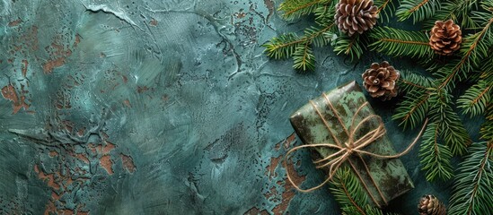 Wall Mural - Holiday theme Christmas or New Year arrangement featuring a fir tree branch and a Christmas gift on a dark green stone background Flat lay copyspace