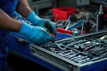 Auto mechanic with different tools at automobile repair shop, closeup