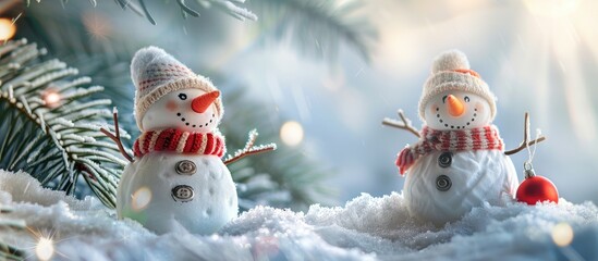 Wall Mural - Two small amusing toys baby snowmen wearing knitted hats and scarves are set in deep snow outdoors beside a pine tree branch It s a Happy New Year and Merry Christmas greeting card. Copy space image