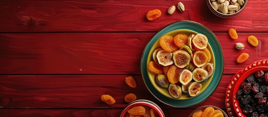 Sticker - Small plates featuring dried fruits date palm fruits dried apricots figs and nuts pistachios almonds for Iftar during Ramadan on a dark red wooden background Top view with copy space Flat lay