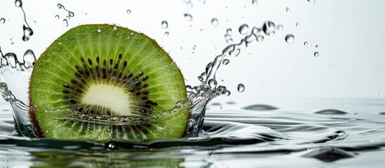 Wall Mural - Kiwi slice dropping into water isolated against a white background. Copy space image. Place for adding text and design