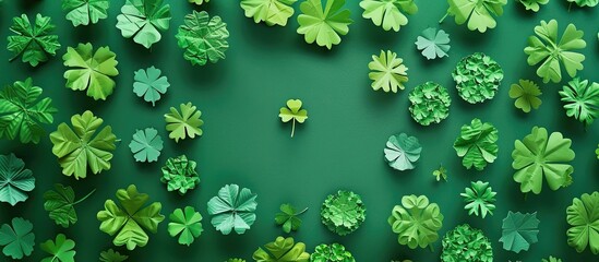 St Patrick s Day featuring lucky symbols Aerial view of the St Patrick s Day celebration with a green paper clover or shamrock leaf Flat lay Copy space