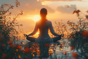 Wall Mural - a yoga practitioner's form blending with a peaceful sunset, symbolizing inner balance and mindfulnes