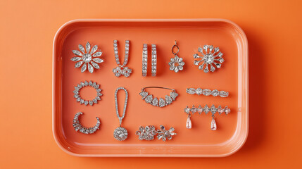 “Tray displaying hair accessories and jewelry set against an orange background. A vibrant and stylish arrangement ideal for showcasing fashion items.”