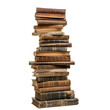 © nsit0108 - Tall stack of antique books with worn leather covers, forming a tower of knowledge on a white background