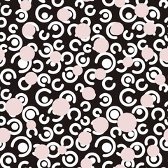 Wall Mural - Seamless abstract textured pattern. Simple background black, pink, white. Circles, dots, arcs, lines. Digital brush strokes. Design for textile fabrics, wrapping paper, background, wallpaper, cover.