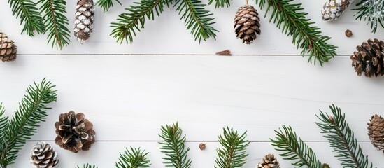 Poster - Christmas arrangement border Green gift for Christmas fir branches and cones on a white wooden background top view Flat lay copyspace