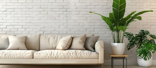 Poster - Sofa houseplant and table positioned by a white brick wall in a room s interior. Copy space image. Place for adding text and design