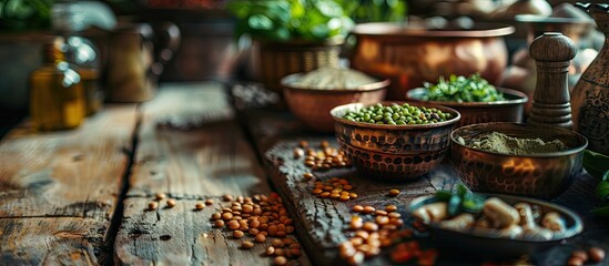 Sticker - Legumes in the copper pots and medicine on the rustic wooden table. Copy space image. Place for adding text and design