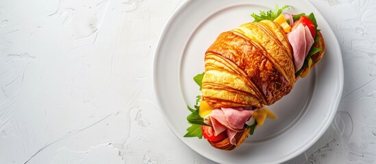 Poster - Croissant sandwich filled with ham cheese and vegetables on a white plate Top view with copy space on a white stone table